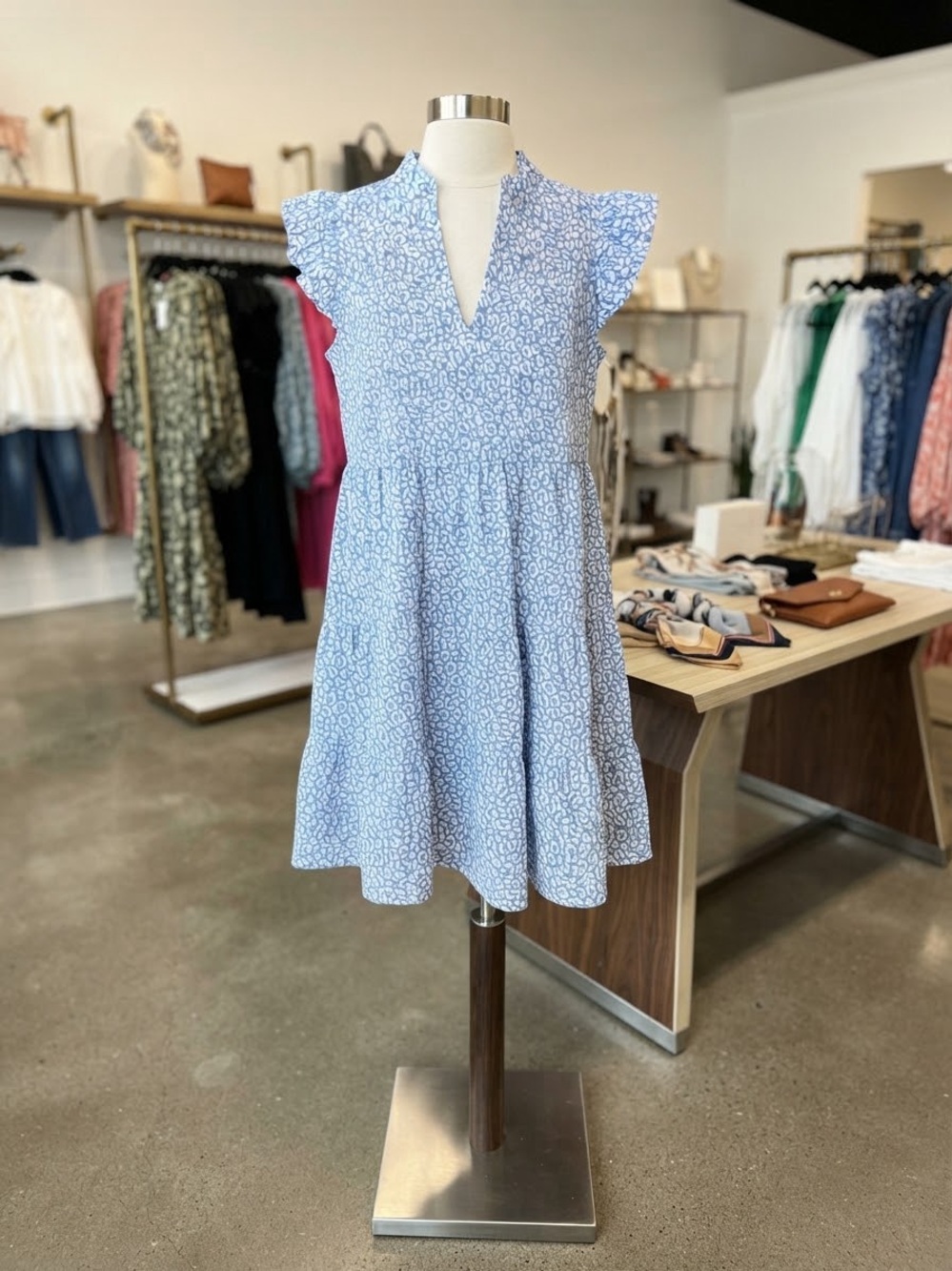Sail to Sable Light Blue Printed Flutter-Sleeve Dress